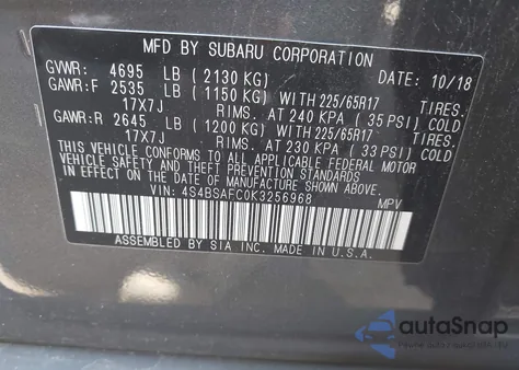 2019 Subaru Outback 2.5I Premium from USA, damaged, VIN 4S4BSAFC0K3256968